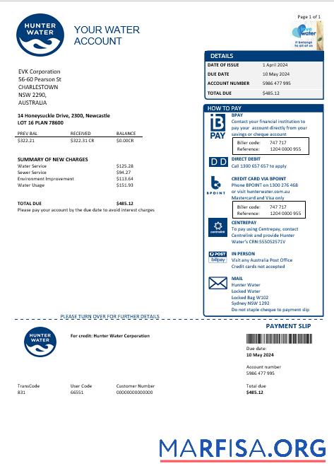 Blank Australia Hunter Water business utility bill template in Word and PDF format